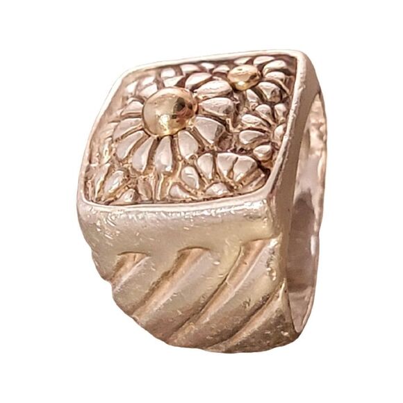 Sterling & 14k Flower Motif Signet Style Ring - Picture 2 of 10